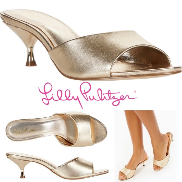 Lilly Pulitzer Gold Kimmy Heels Mule Slide Sandals - Picture 1 of 12